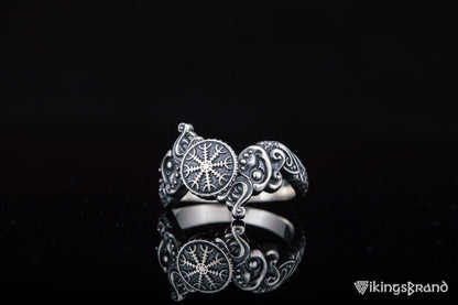 Vikings Ring with Helm of Awe Symbol and Wolf Ornament Sterling Silver Viking Jewelry