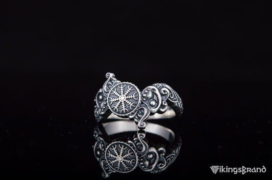 Vikings Ring with Helm of Awe Symbol and Wolf Ornament Sterling Silver Viking Jewelry