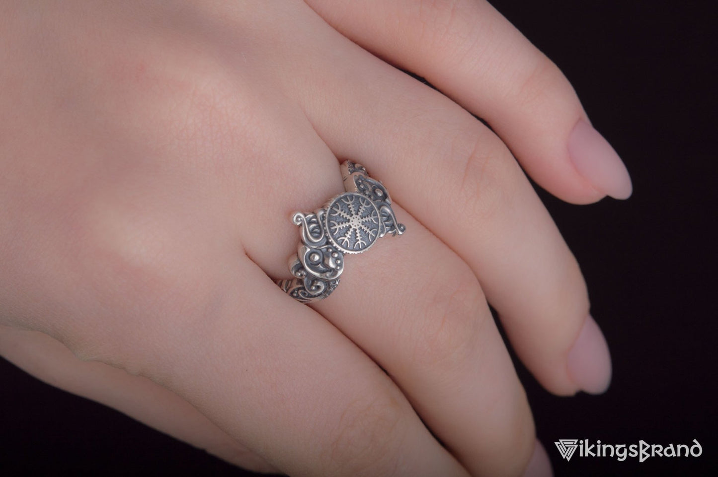 Vikings Ring with Helm of Awe Symbol and Wolf Ornament Sterling Silver Viking Jewelry