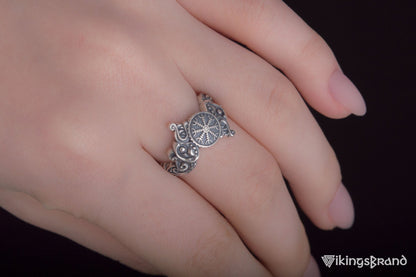 Vikings Ring with Helm of Awe Symbol and Wolf Ornament Sterling Silver Viking Jewelry