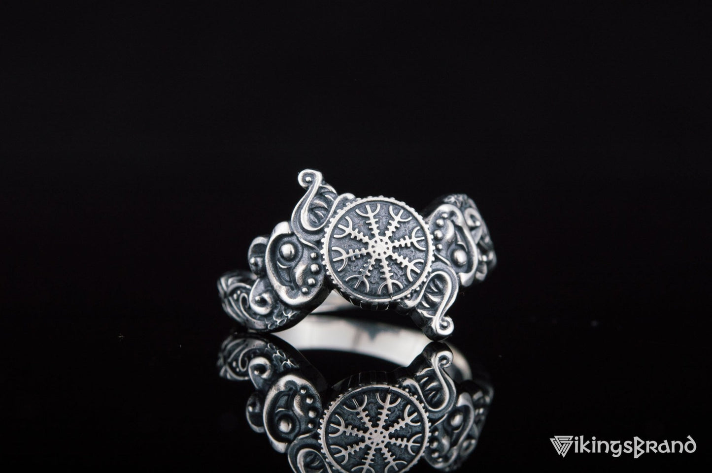 Vikings Ring with Helm of Awe Symbol and Wolf Ornament Sterling Silver Viking Jewelry