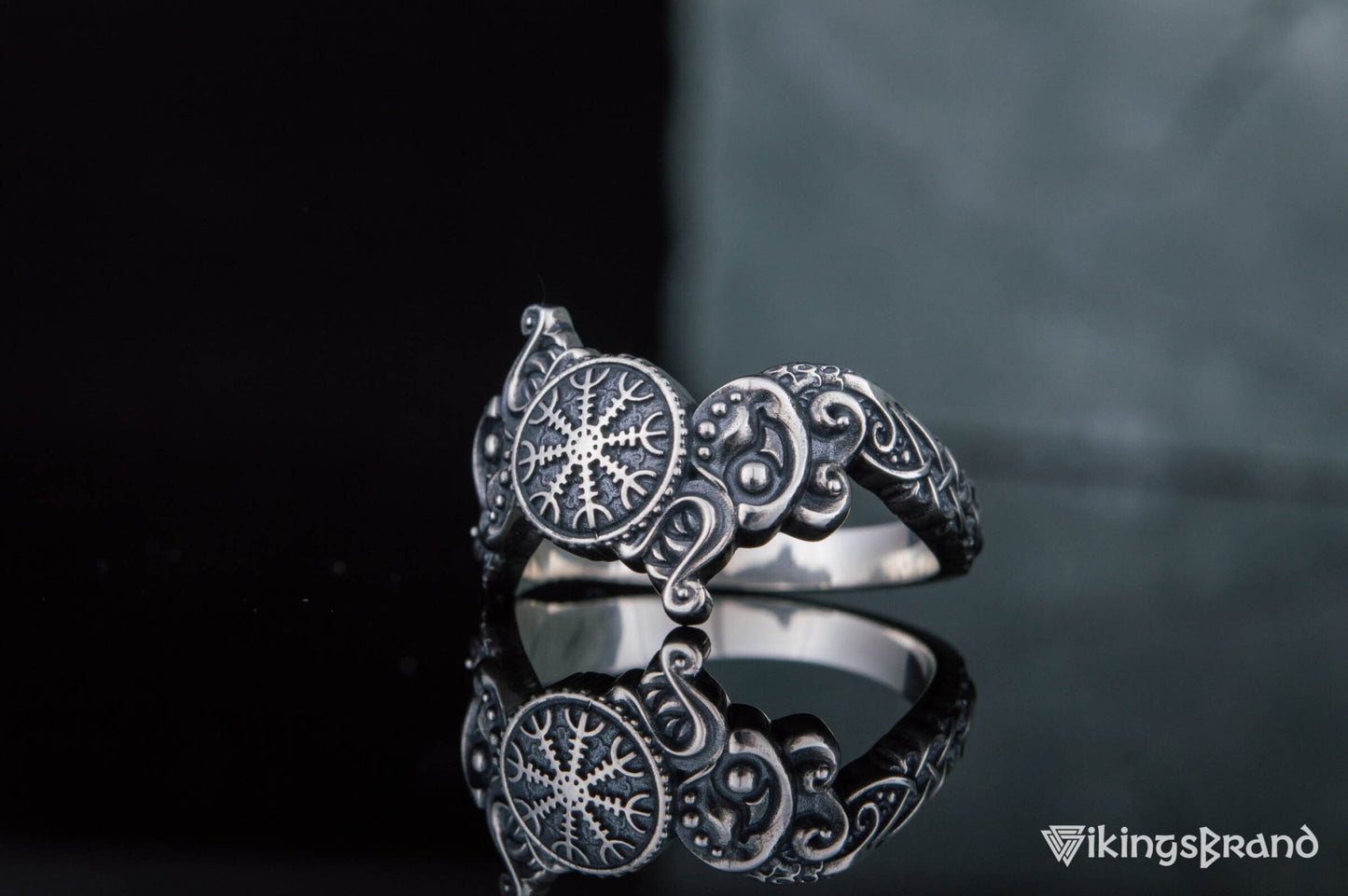 Vikings Ring with Helm of Awe Symbol and Wolf Ornament Sterling Silver Viking Jewelry