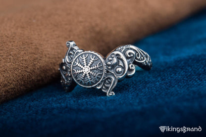 Vikings Ring with Helm of Awe Symbol and Wolf Ornament Sterling Silver Viking Jewelry