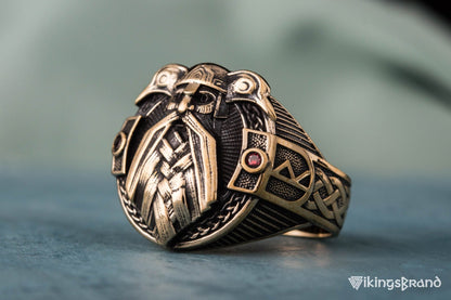 Vikings Ring with Odin and Raven Bronze Handcrafted Jewelry