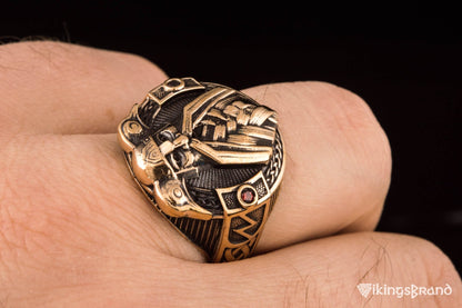 Vikings Ring with Odin and Raven Bronze Handcrafted Jewelry