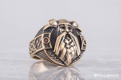 Vikings Ring with Odin and Raven Bronze Handcrafted Jewelry
