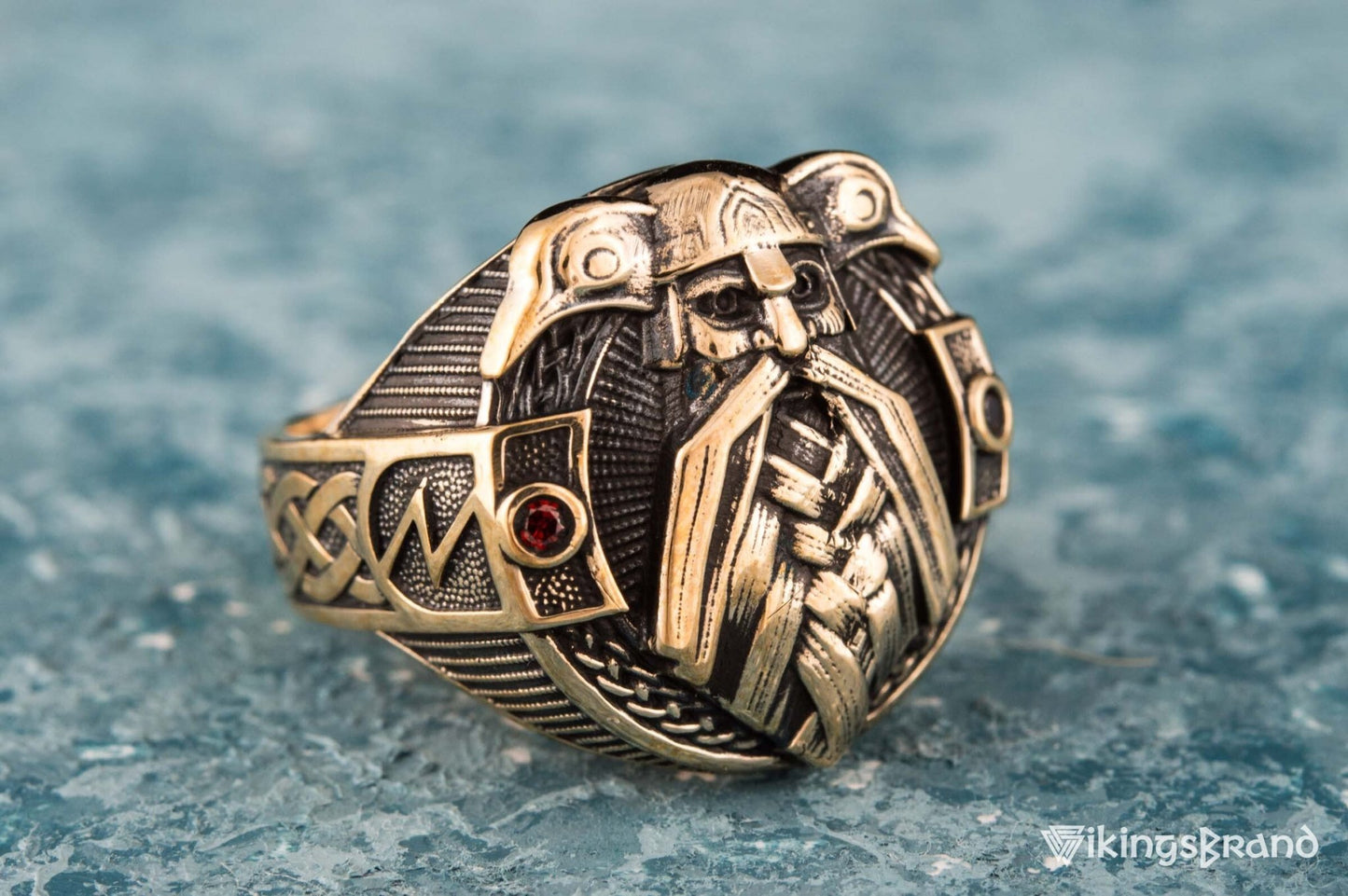 Vikings Ring with Odin and Raven Bronze Handcrafted Jewelry