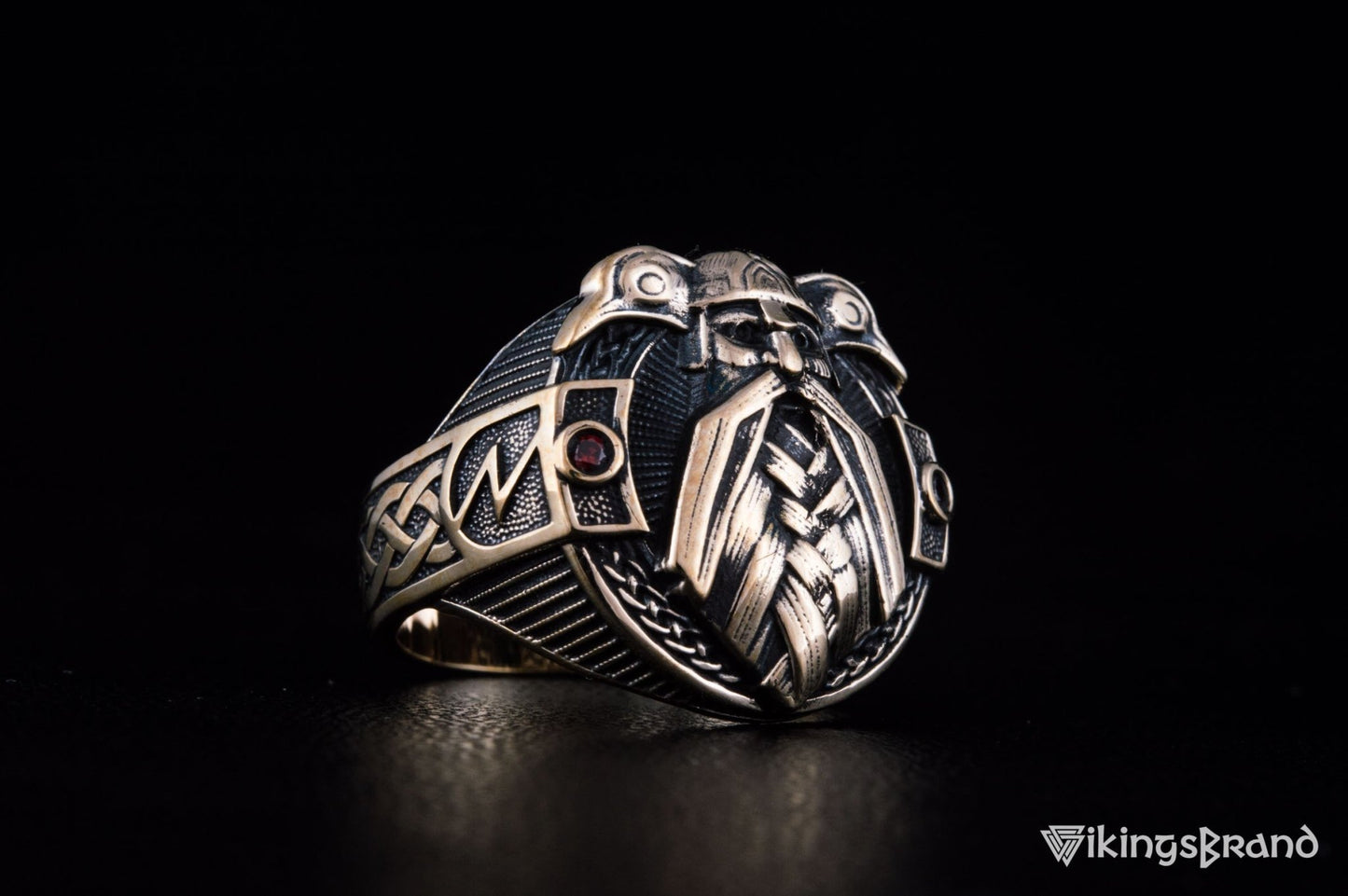 Vikings Ring with Odin and Raven Bronze Handcrafted Jewelry
