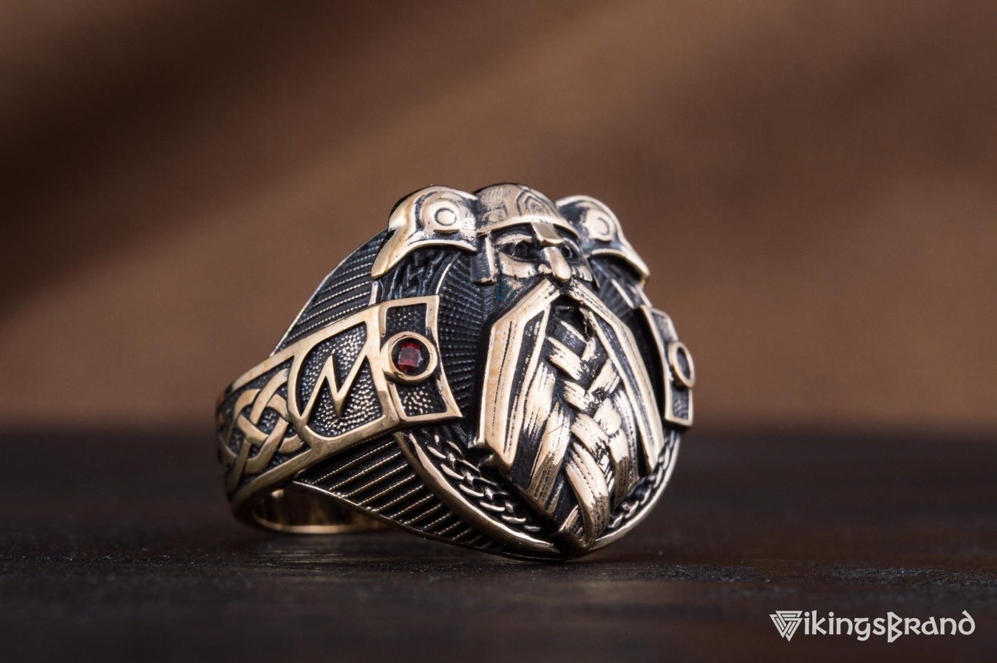 Vikings Ring with Odin and Raven Bronze Handcrafted Jewelry
