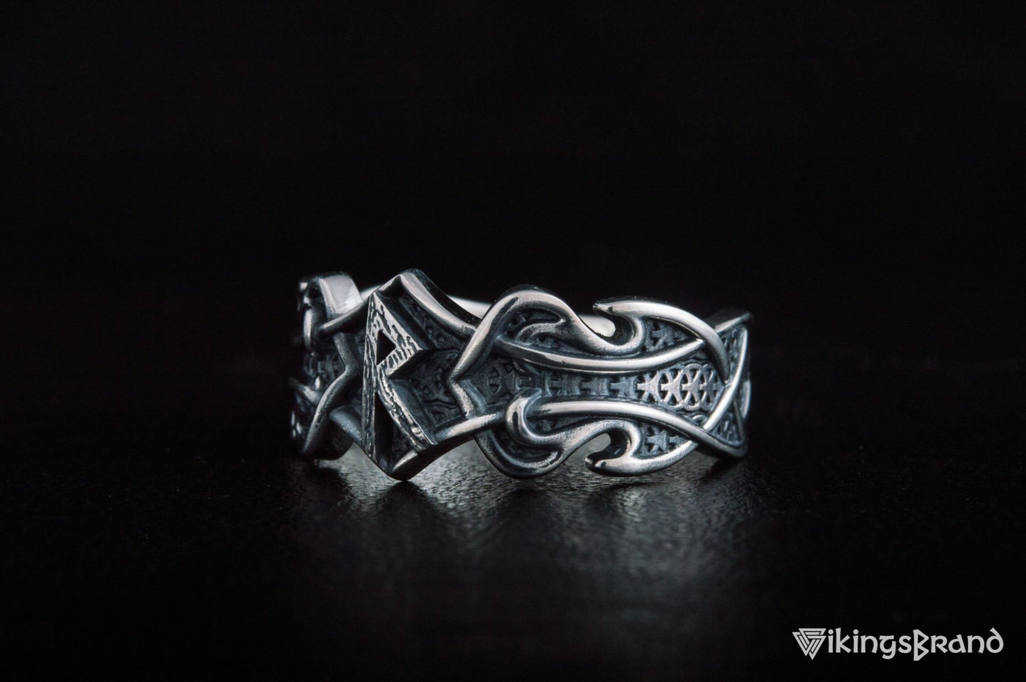 Vikings Ring with Raido Rune and Norse Ornament Sterling Silver Viking Jewelry
