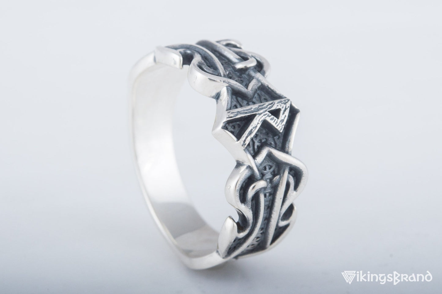 Vikings Ring with Raido Rune and Norse Ornament Sterling Silver Viking Jewelry