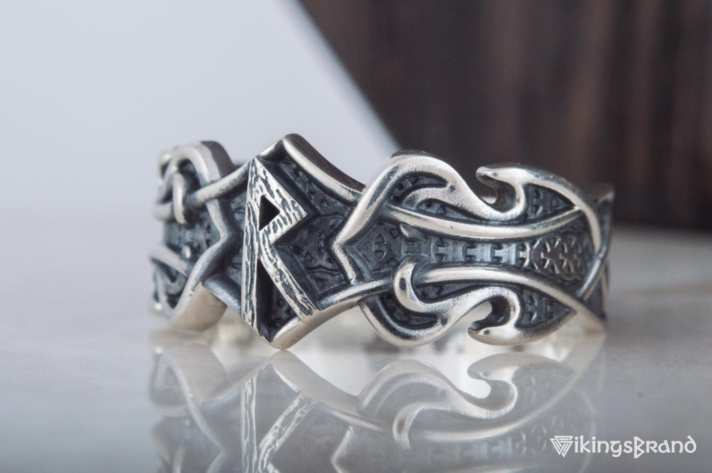 Vikings Ring with Raido Rune and Norse Ornament Sterling Silver Viking Jewelry