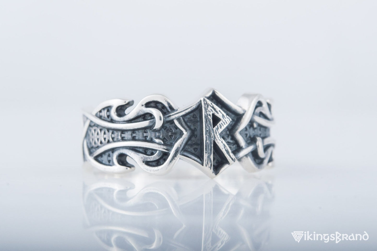 Vikings Ring with Raido Rune and Norse Ornament Sterling Silver Viking Jewelry