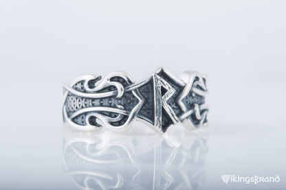 Vikings Ring with Raido Rune and Norse Ornament Sterling Silver Viking Jewelry