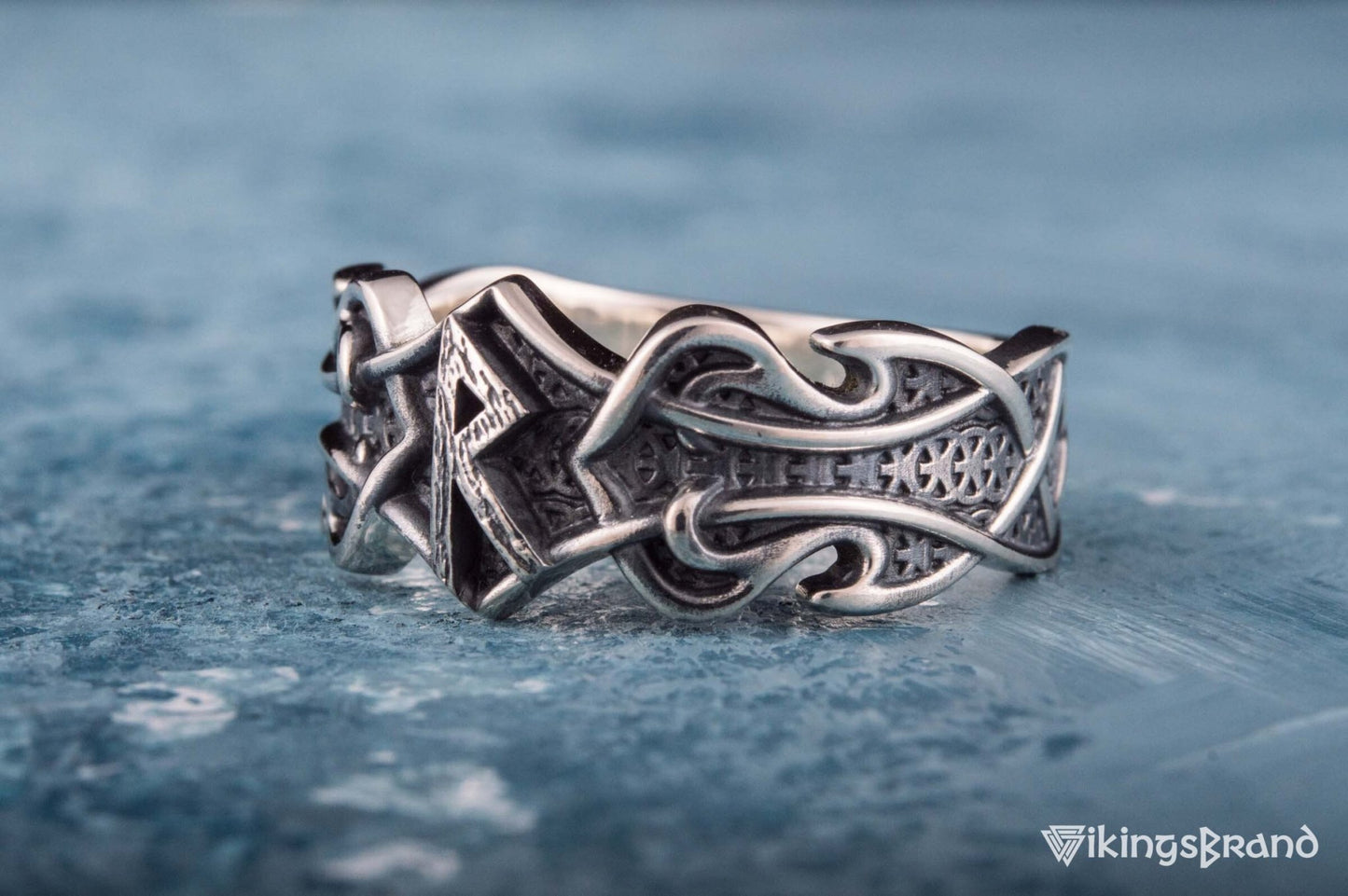 Vikings Ring with Raido Rune and Norse Ornament Sterling Silver Viking Jewelry