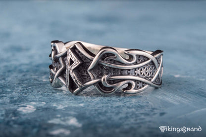 Vikings Ring with Raido Rune and Norse Ornament Sterling Silver Viking Jewelry