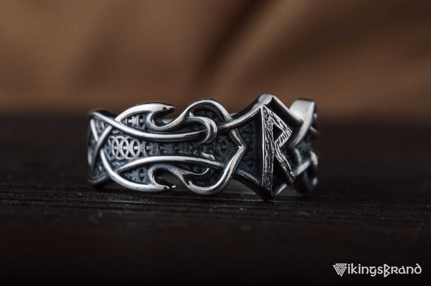 Vikings Ring with Raido Rune and Norse Ornament Sterling Silver Viking Jewelry