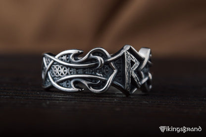Vikings Ring with Raido Rune and Norse Ornament Sterling Silver Viking Jewelry