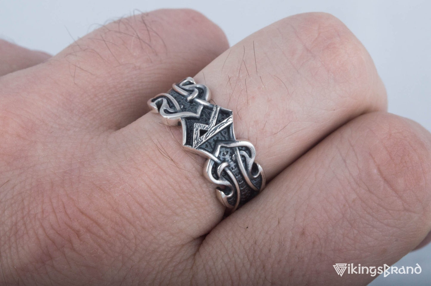 Vikings Ring with Raido Rune and Norse Ornament Sterling Silver Viking Jewelry