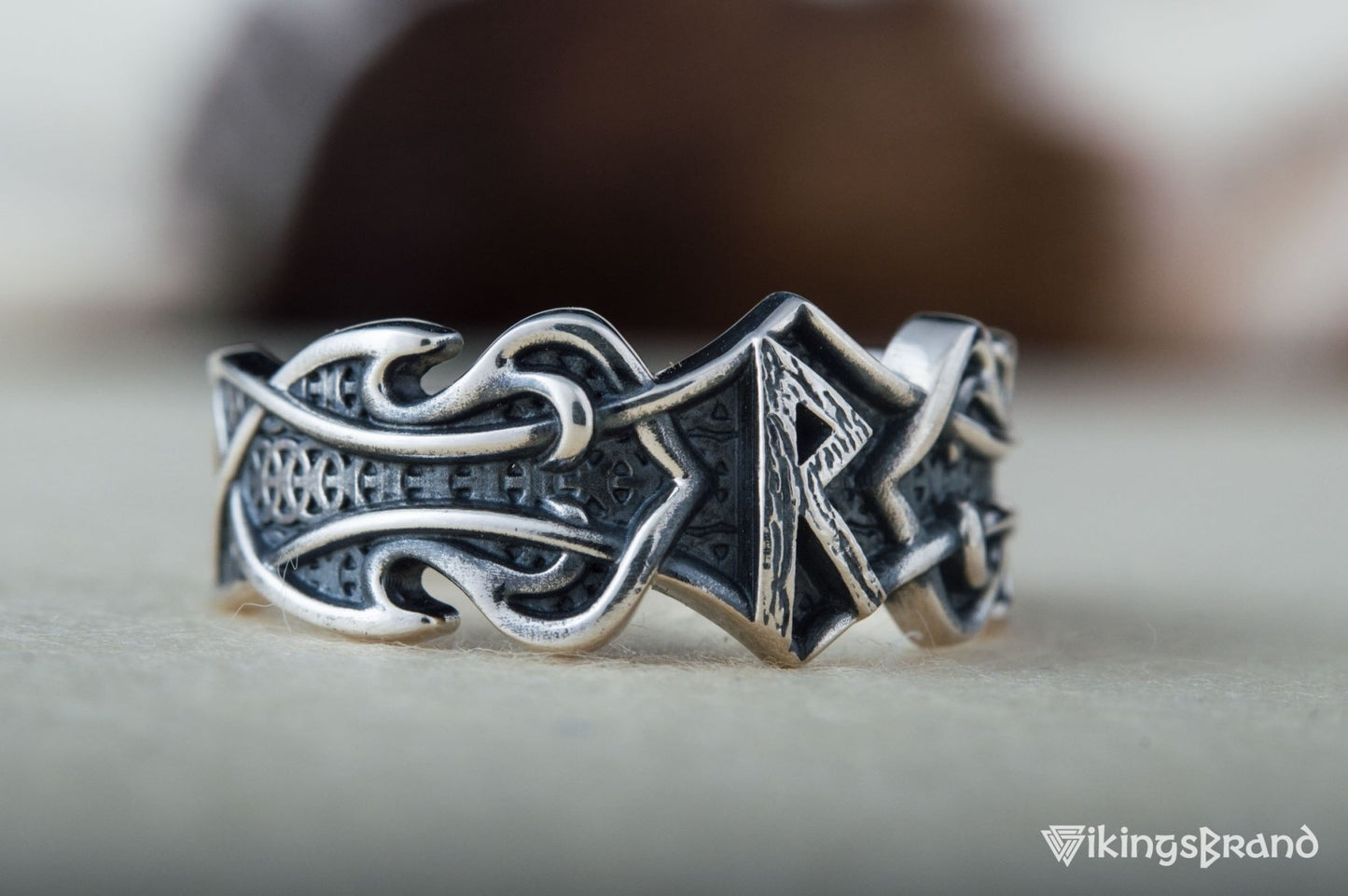 Vikings Ring with Raido Rune and Norse Ornament Sterling Silver Viking Jewelry
