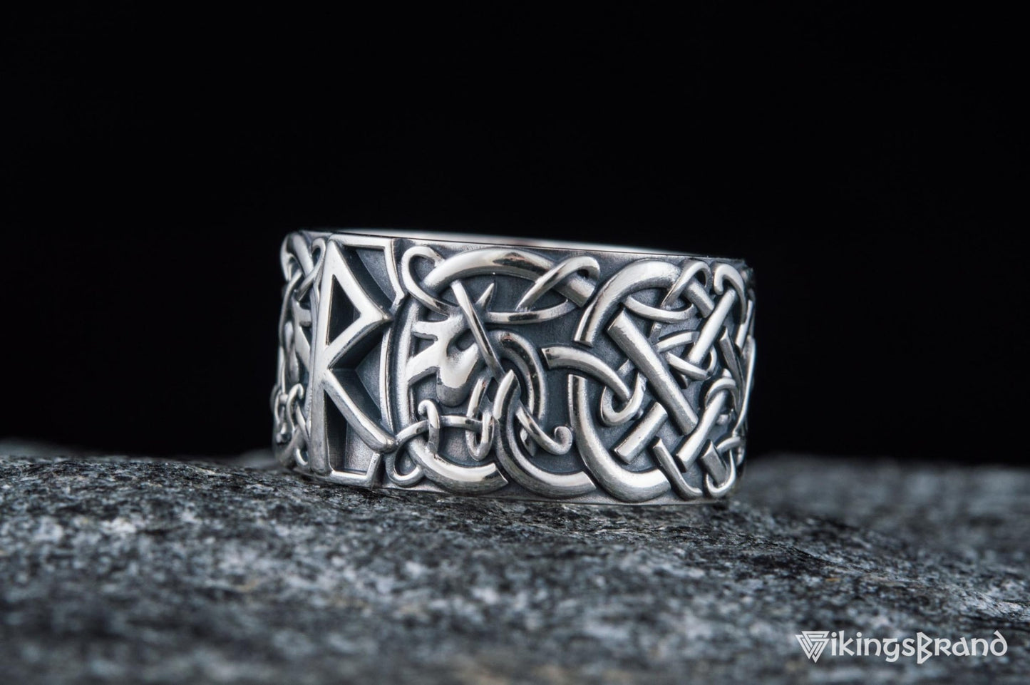 Vikings Ring with Raido Rune and Scandinavian Ornament Sterling Silver Viking Jewelry