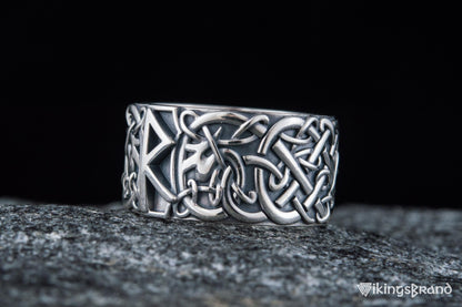 Vikings Ring with Raido Rune and Scandinavian Ornament Sterling Silver Viking Jewelry