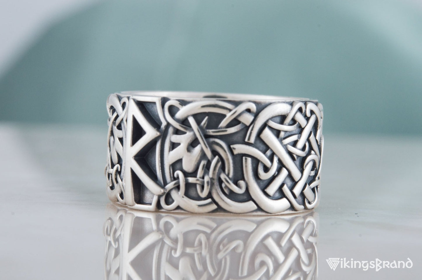 Vikings Ring with Raido Rune and Scandinavian Ornament Sterling Silver Viking Jewelry