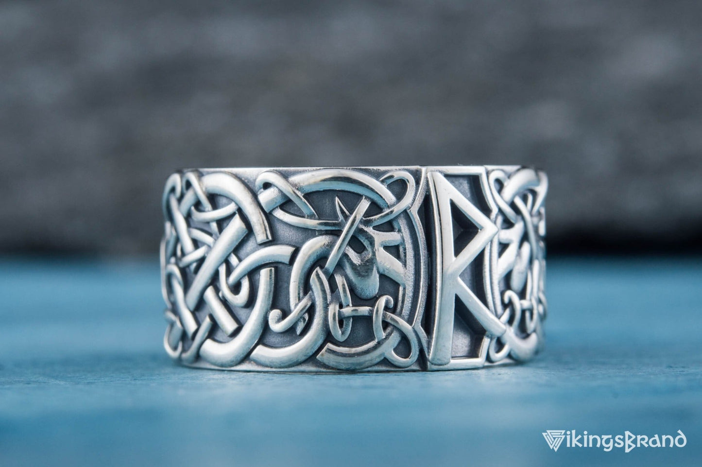 Vikings Ring with Raido Rune and Scandinavian Ornament Sterling Silver Viking Jewelry