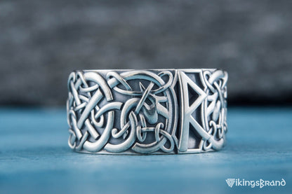 Vikings Ring with Raido Rune and Scandinavian Ornament Sterling Silver Viking Jewelry