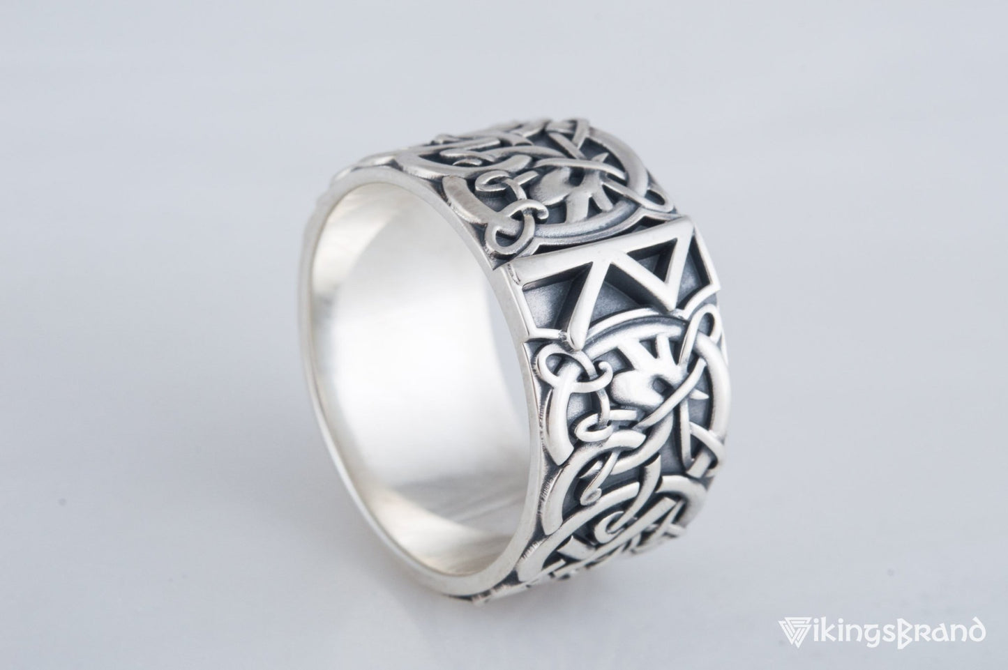 Vikings Ring with Raido Rune and Scandinavian Ornament Sterling Silver Viking Jewelry