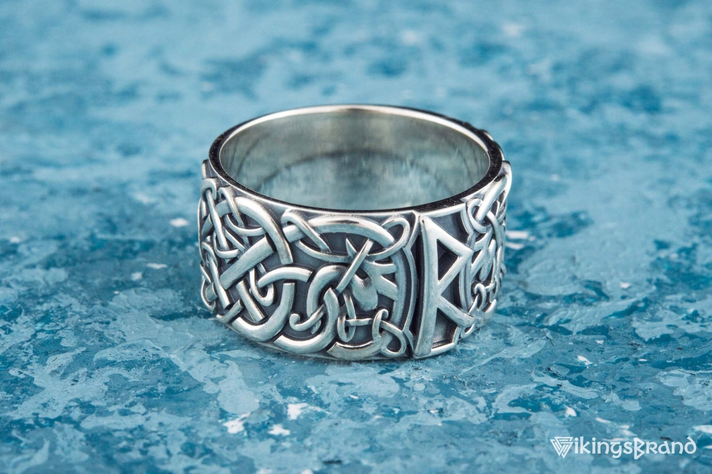 Vikings Ring with Raido Rune and Scandinavian Ornament Sterling Silver Viking Jewelry
