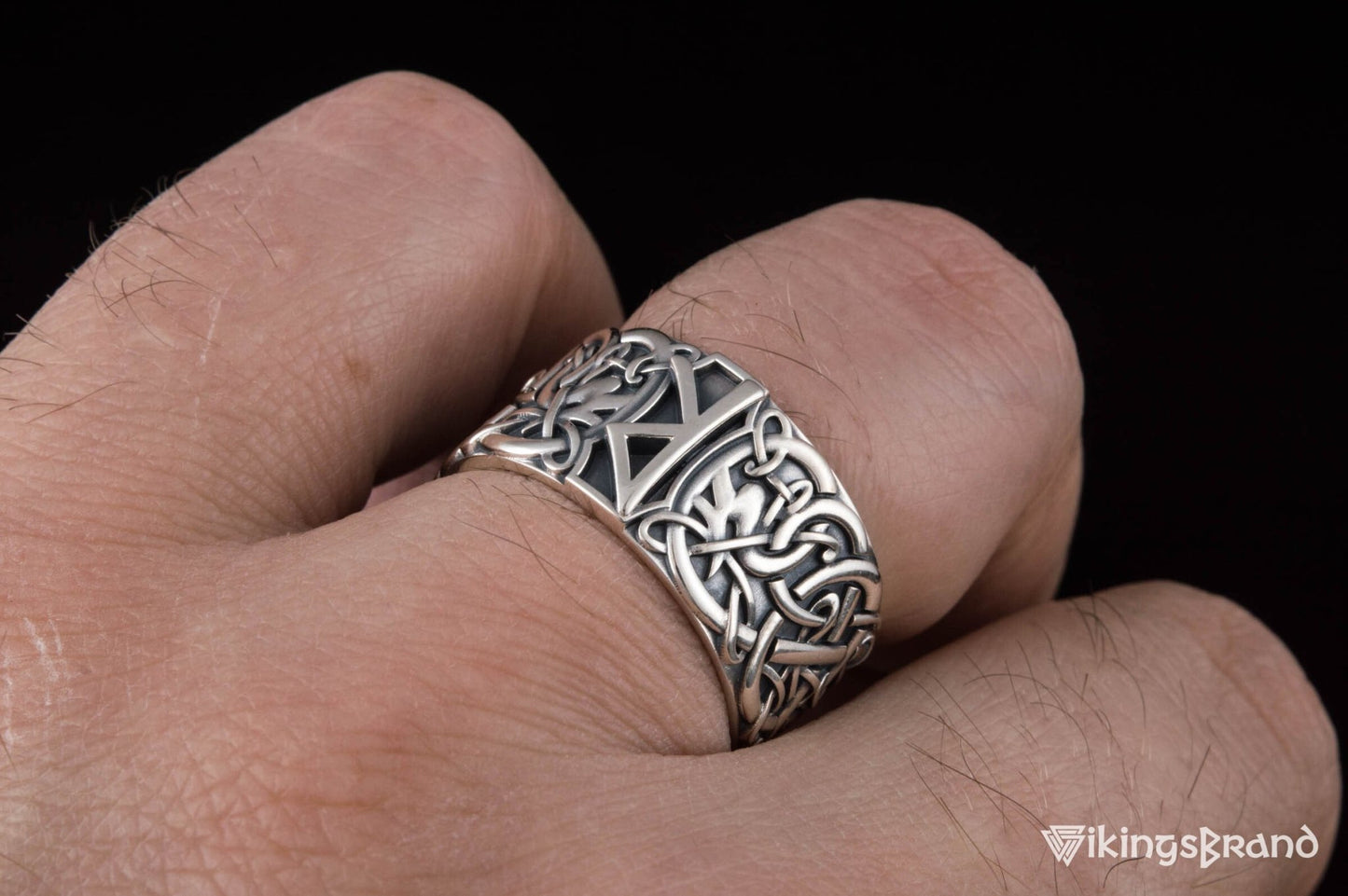 Vikings Ring with Raido Rune and Scandinavian Ornament Sterling Silver Viking Jewelry