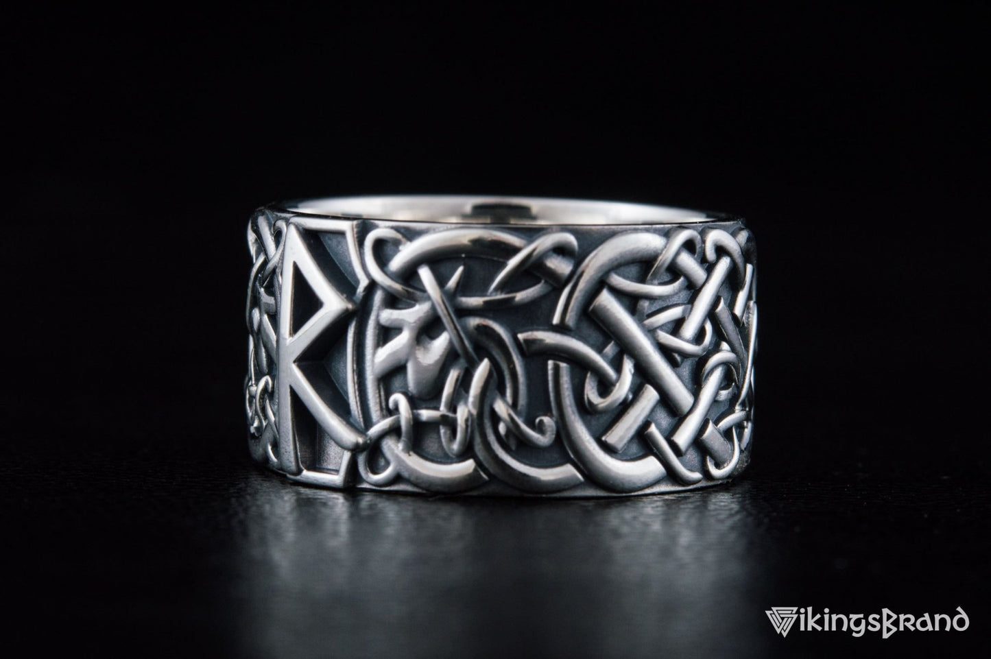 Vikings Ring with Raido Rune and Scandinavian Ornament Sterling Silver Viking Jewelry