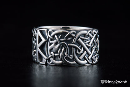 Vikings Ring with Raido Rune and Scandinavian Ornament Sterling Silver Viking Jewelry