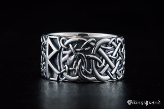 Vikings Ring with Raido Rune and Scandinavian Ornament Sterling Silver Viking Jewelry