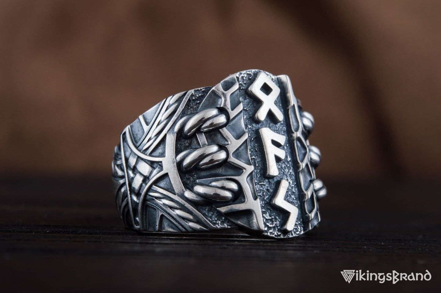 Vikings Ring with Scandinavian Runes Sterling Silver Unique Handmade Jewelry