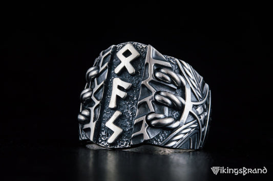 Vikings Ring with Scandinavian Runes Sterling Silver Unique Handmade Jewelry