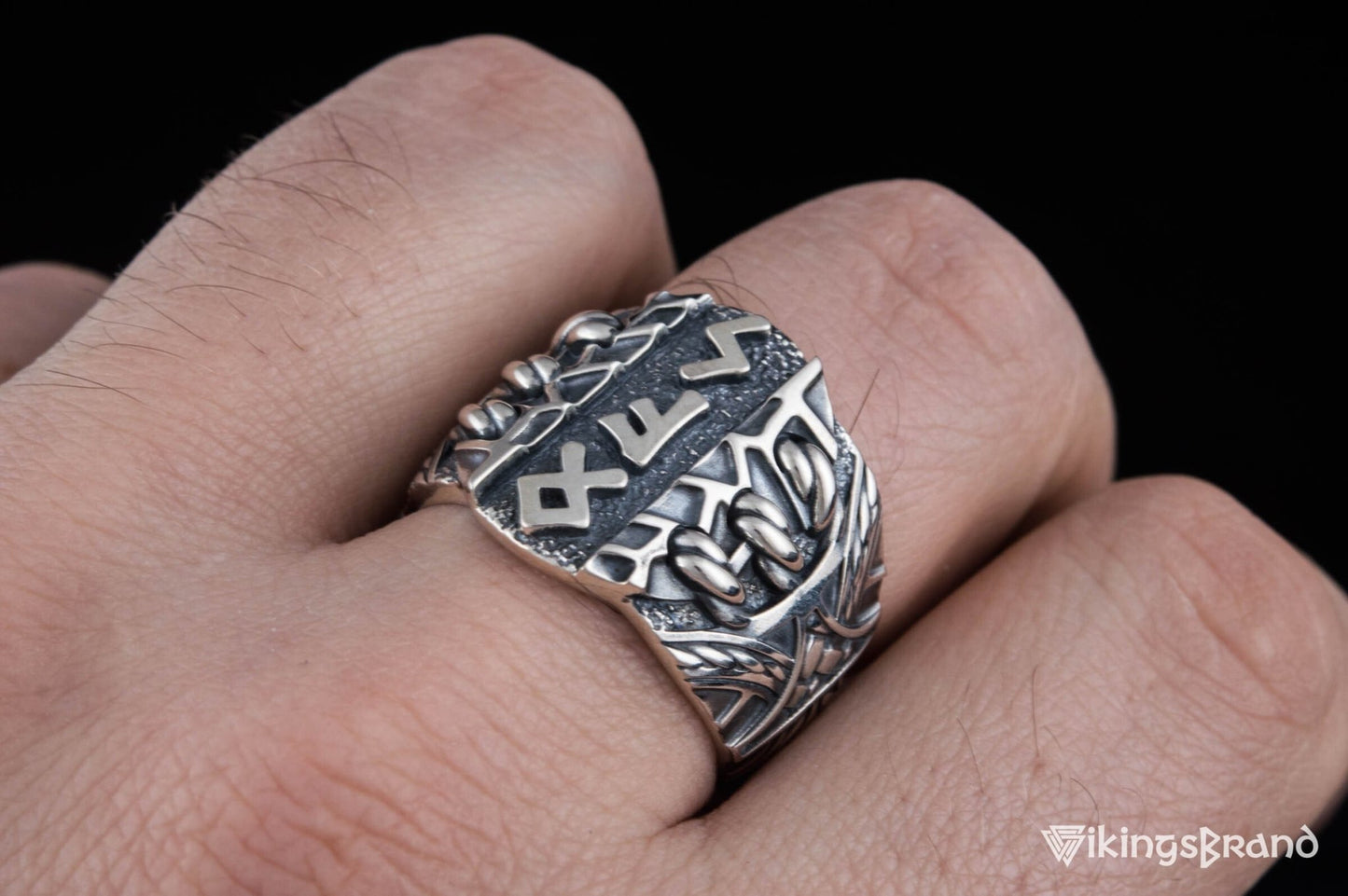 Vikings Ring with Scandinavian Runes Sterling Silver Unique Handmade Jewelry