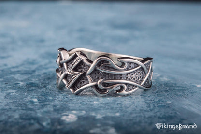 Vikings Ring with Sowelu Rune and Norse Ornament Sterling Silver Viking Jewelry