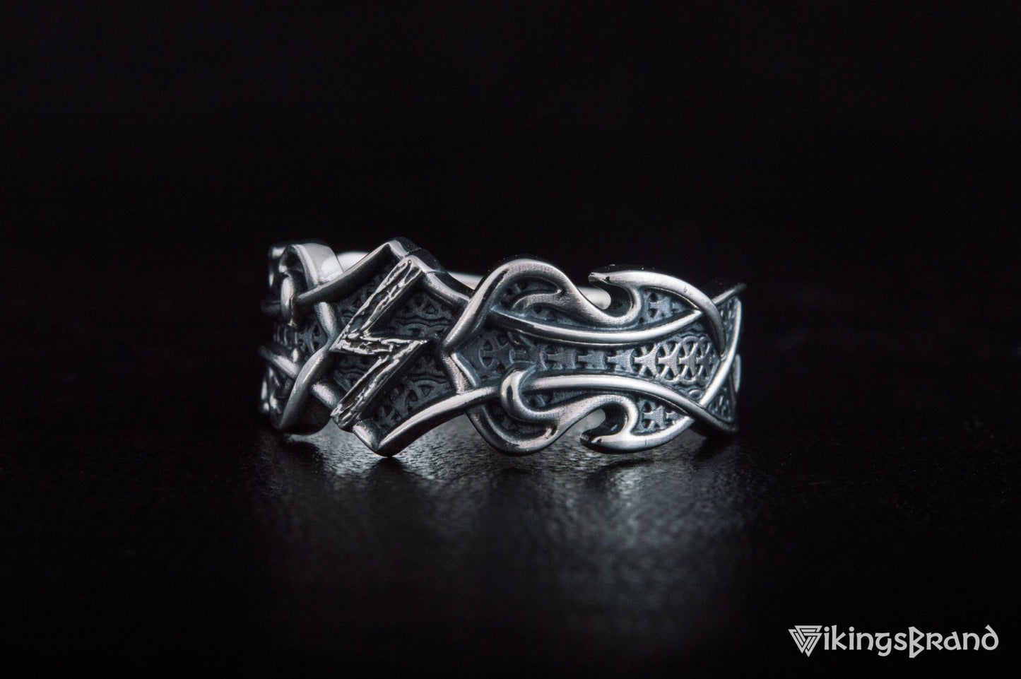 Vikings Ring with Sowelu Rune and Norse Ornament Sterling Silver Viking Jewelry