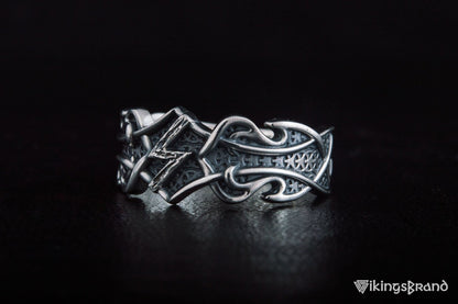 Vikings Ring with Sowelu Rune and Norse Ornament Sterling Silver Viking Jewelry