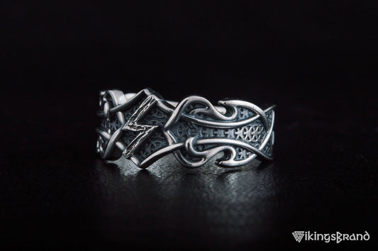 Vikings Ring with Sowelu Rune and Norse Ornament Sterling Silver Viking Jewelry