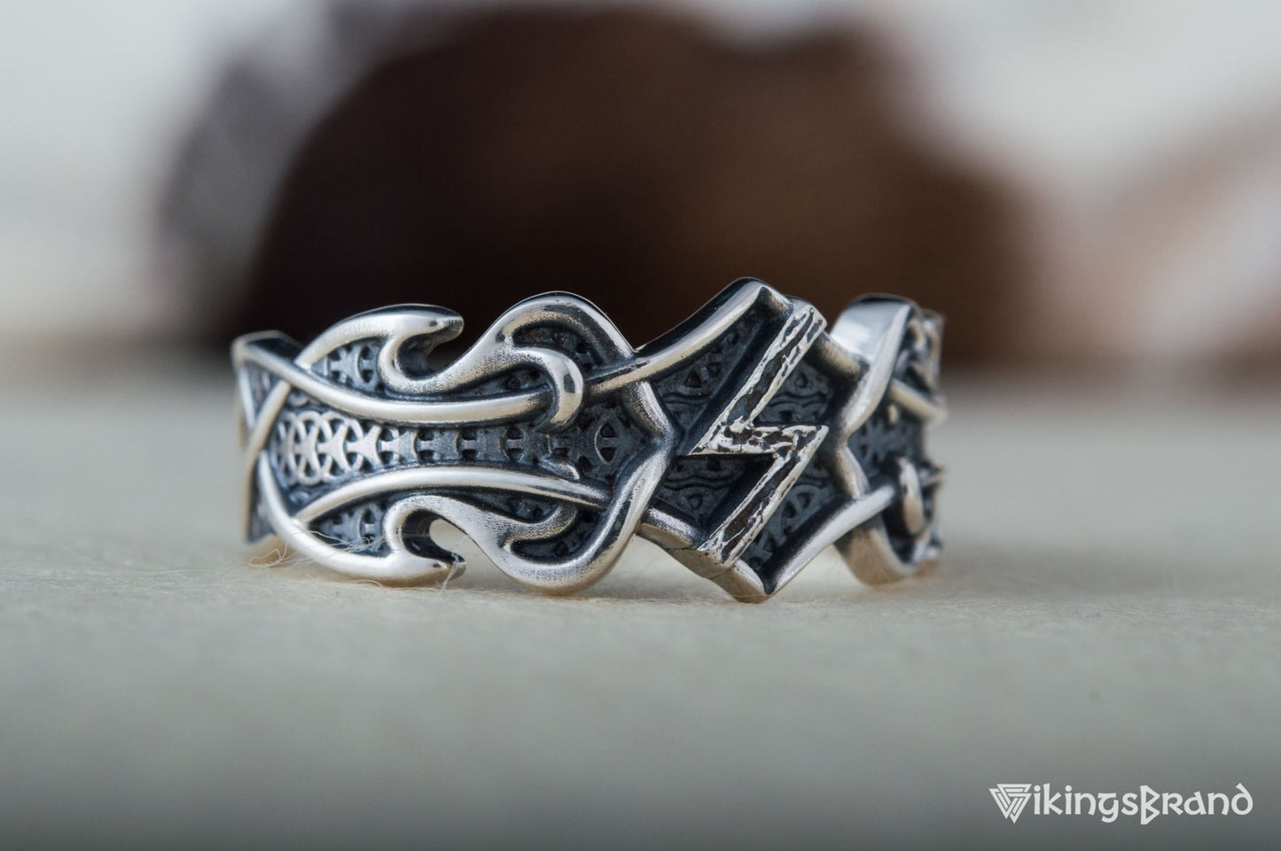 Vikings Ring with Sowelu Rune and Norse Ornament Sterling Silver Viking Jewelry