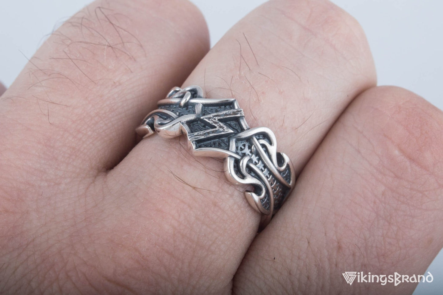 Vikings Ring with Sowelu Rune and Norse Ornament Sterling Silver Viking Jewelry