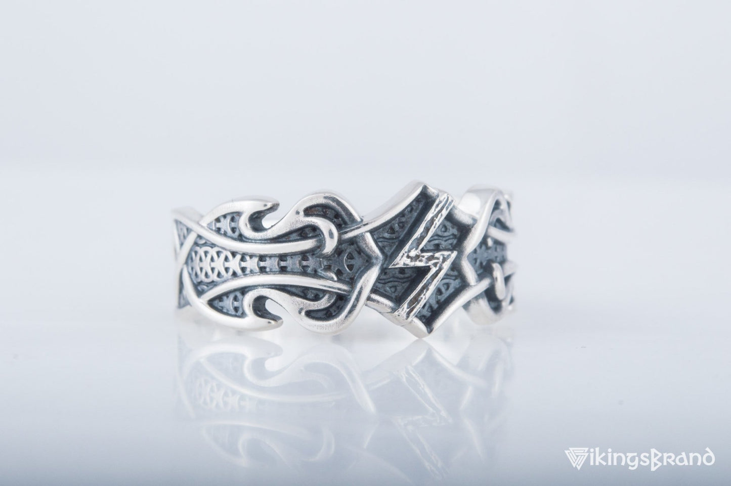 Vikings Ring with Sowelu Rune and Norse Ornament Sterling Silver Viking Jewelry