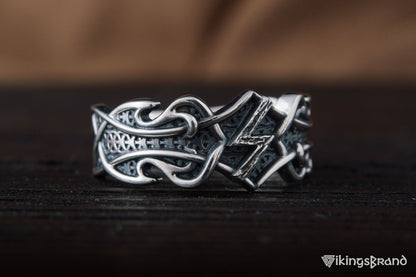 Vikings Ring with Sowelu Rune and Norse Ornament Sterling Silver Viking Jewelry