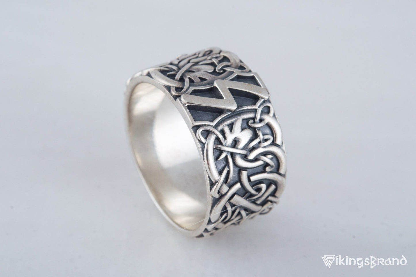 Vikings Ring with Sowelu Rune and Scandinavian Ornament Sterling Silver Viking Jewelry