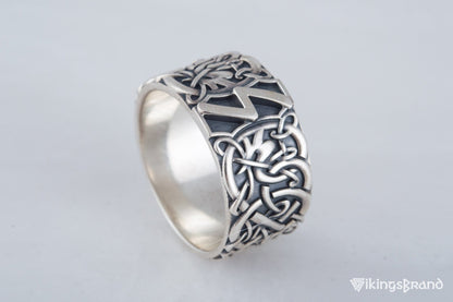 Vikings Ring with Sowelu Rune and Scandinavian Ornament Sterling Silver Viking Jewelry