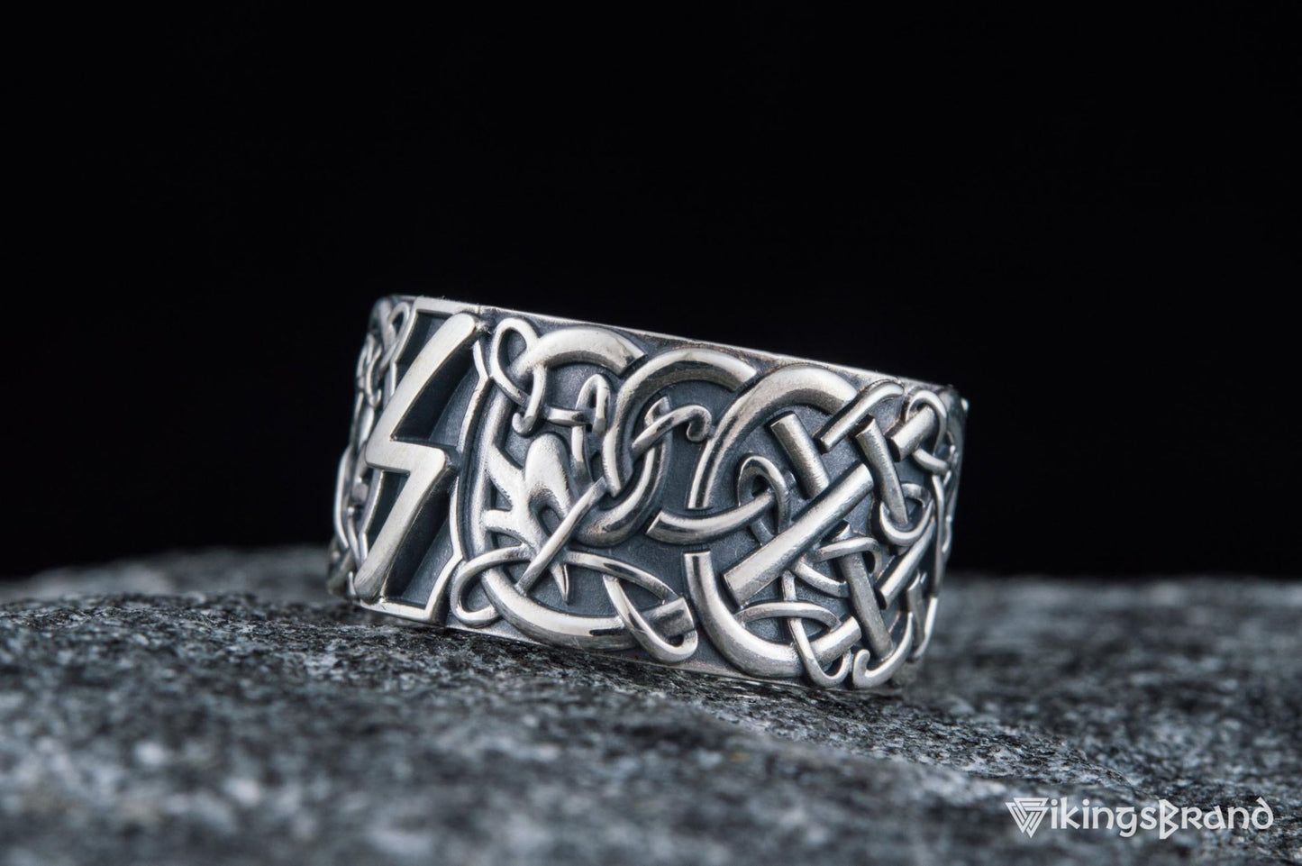 Vikings Ring with Sowelu Rune and Scandinavian Ornament Sterling Silver Viking Jewelry