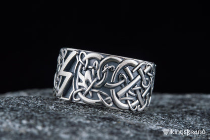 Vikings Ring with Sowelu Rune and Scandinavian Ornament Sterling Silver Viking Jewelry
